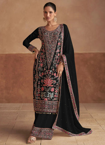 Attractive Chinon Black Embroidered Salwar Kameez - women's fashion mart