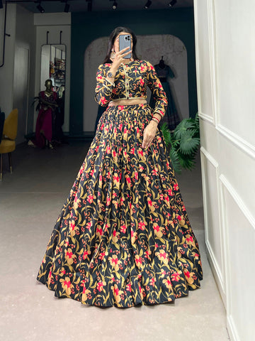 Black Color Printed With Tussar Silk Co-ord Set Lehenga Collection - women's fashion mart