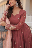 Copper Rust Zari Sequins Thread Worked Gown With Dupatta - women's fashion mart