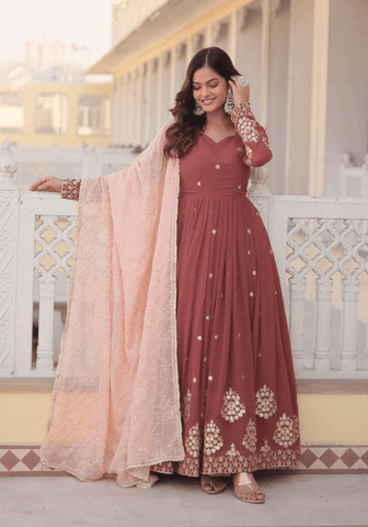 Copper Rust Zari Sequins Thread Worked Gown With Dupatta - women's fashion mart