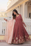 Copper Rust Zari Sequins Thread Worked Gown With Dupatta - women's fashion mart