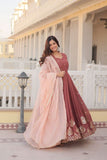 Copper Rust Zari Sequins Thread Worked Gown With Dupatta - women's fashion mart