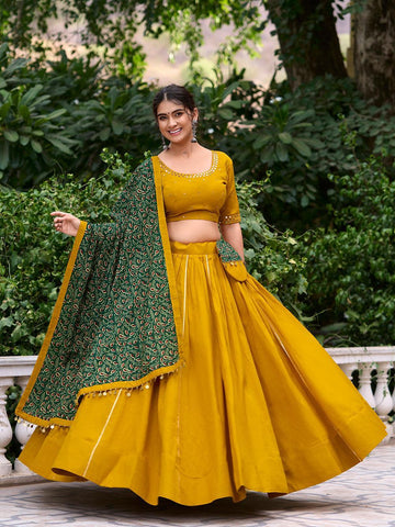 Mustard Color Plain With Gota Patti Cotton Lehenga Choli -traditional chaniya choli Unstitched / Semi-Stitched women's fashion mart
