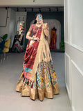 Cream Color Kalamkari Print With Weaving Border Dola Silk Lehenga Choli -Hyderabad lehenga choli Unstitched / Semi-Stitched women's fashion mart
