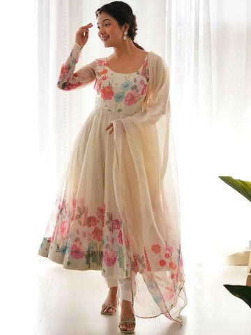 Cream silk Floral Printed anarkali suit with dupatta -Salwar Kameez XS / Cream women's fashion mart