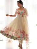 Cream silk Floral Printed anarkali suit with dupatta -Salwar Kameez XS / Cream women's fashion mart
