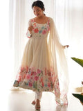 Cream silk Floral Printed anarkali suit with dupatta -Salwar Kameez XS / Cream women's fashion mart