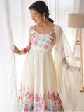 Cream silk Floral Printed anarkali suit with dupatta -Salwar Kameez XS / Cream women's fashion mart