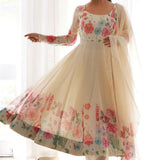 Cream silk Floral Printed anarkali suit with dupatta -Salwar Kameez XS / Cream women's fashion mart