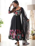 Cream silk Floral Printed anarkali suit with dupatta -Salwar Kameez XS / Black women's fashion mart
