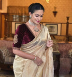 Cream Silk Saree with Maroon Velvet Blouse and Gold Embroidery - women's fashion mart