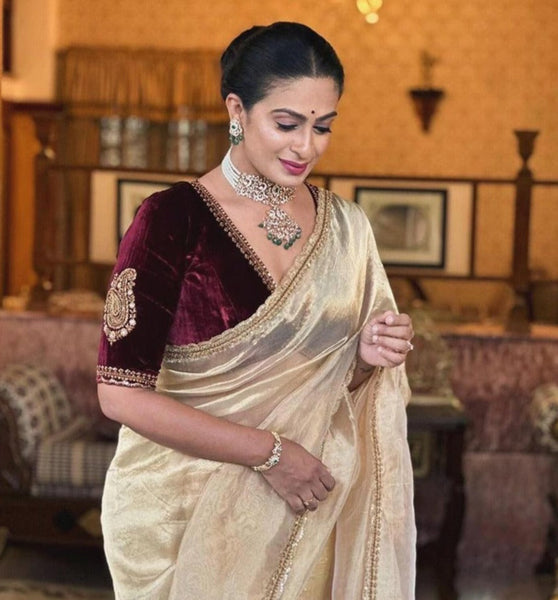 Cream Silk Saree with Maroon Velvet Blouse and Gold Embroidery - women's fashion mart