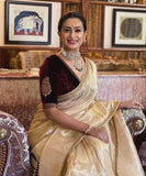 Cream Silk Saree with Maroon Velvet Blouse and Gold Embroidery - women's fashion mart