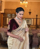 Cream Silk Saree with Maroon Velvet Blouse and Gold Embroidery - women's fashion mart