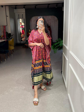 Crimson Color Digital Print With Gotta Patti Lace Border Gaji Silk Kaftan -dress for women Default Title women's fashion mart
