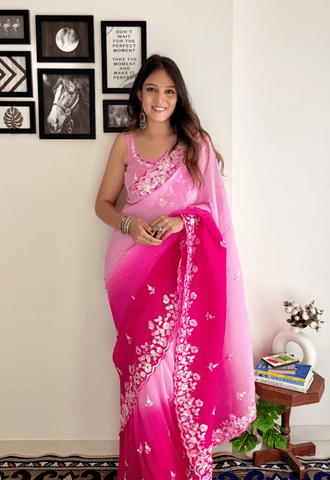 Double Tone Crush With Sequence Embroidery Work Saree -Georgette Saree Pink women's fashion mart