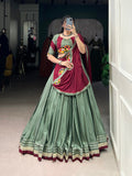 Dark See Green Color Sequins And Thread Embroidery Work Lace Border Silk Crepe Chaniya Choli