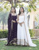 Dazzling Faux Georgette Sequins Embroidered Gown -Gowns White / M women's fashion mart