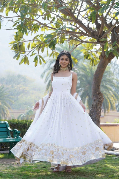 Dazzling Faux Georgette Sequins Embroidered Gown -Gowns White / M women's fashion mart
