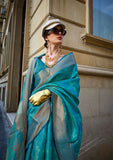Dazzling Firozi Pure Handloom Two Tone Organza Weaving Saree - women's fashion mart