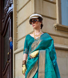 Dazzling Firozi Pure Handloom Two Tone Organza Weaving Saree - women's fashion mart