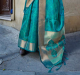 Dazzling Firozi Pure Handloom Two Tone Organza Weaving Saree - women's fashion mart