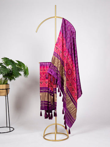 Purple Color Bandhej Printed Gaji Silk Dupatta - women's fashion mart
