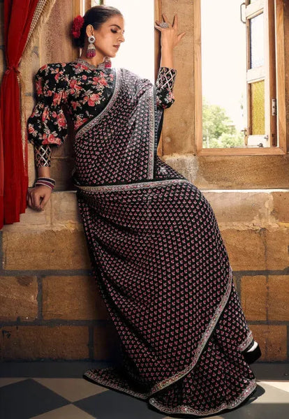 Classic Black Heavy Georgette Digital Printed Saree - women's fashion mart
