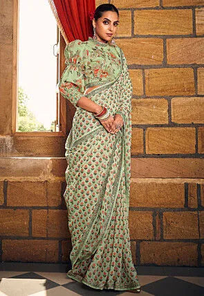 Dignified Dusty Green Heavy Georgette Digital Printed Saree - women's fashion mart