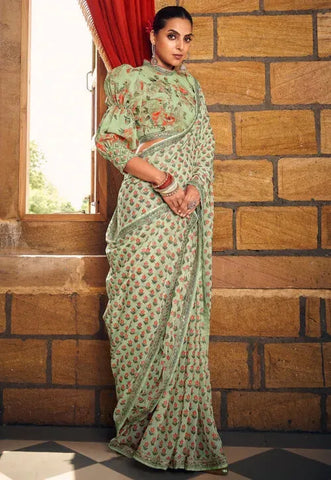 Luminous Light Green Heavy Georgette Digital Printed Saree - women's fashion mart