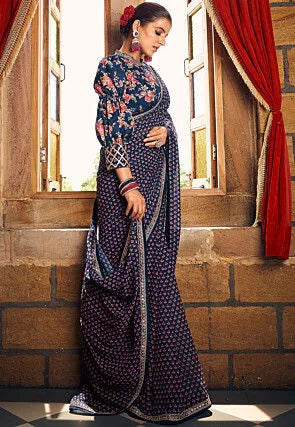 Breathtaking Navy Blue Heavy Georgette Digital Printed Saree - women's fashion mart