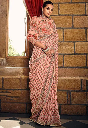 Pristine Peach Heavy Georgette Digital Printed Saree - women's fashion mart