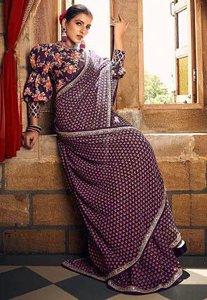 Pleasing Purple Heavy Georgette Digital Printed Saree - women's fashion mart