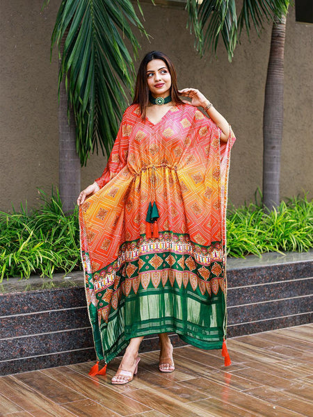 Multi Color Bandhej Digital Print Pure Gaji Silk Kaftan -kaftan kurta Default Title women's fashion mart