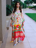 White Color Digital Printed Pure Gaji Silk Kaftan Dresses - women's fashion mart