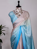 Sky Blue Color Digital Printed Japan Satin Silk Saree.
