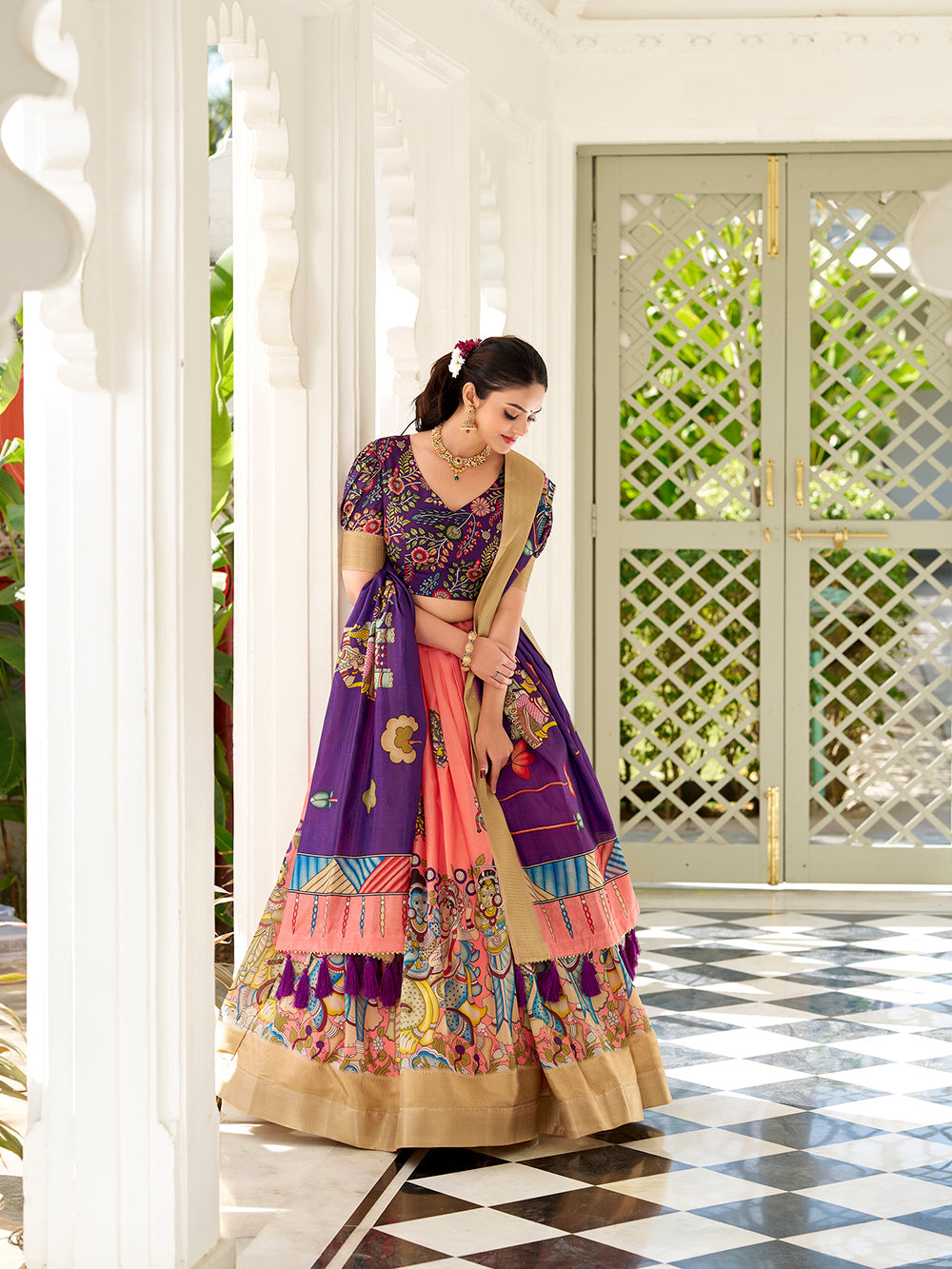 Peach Color Kalamkari Print With Weaving Border Dola Silk Lehenga Choli - women's fashion mart
