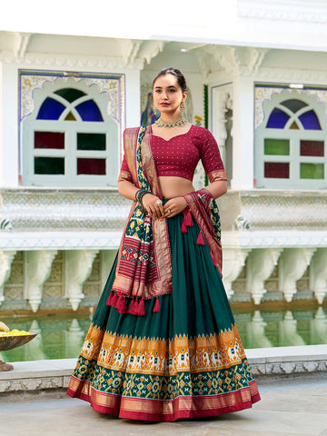 Green Color Patola Print With Foil Work Tussar Silk Lehenga Choli - women's fashion mart