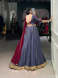 Dusty Blue Color Embossed Design With Gotta Patti Lace Touch Up Rayon Chaniya Choli