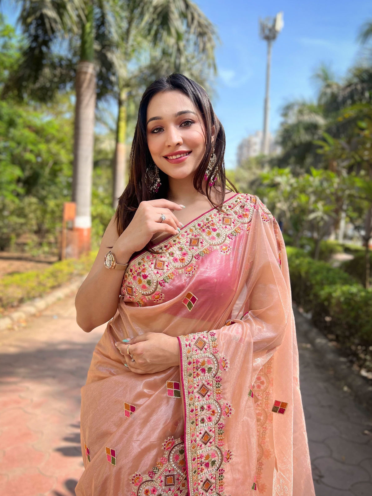 Multi thread embroidery work saree -Net Saree Blue women's fashion mart