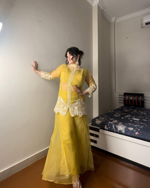 Glimmering Sequence Embroidery Work Yellow Color Palazzo Suit