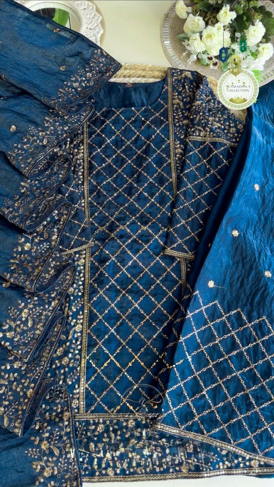 Admiring Embroidery Work Blue Color Palazzo Suit