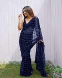 Berry Blue Colour Sequence Thread Work On Net Saree -Net Saree Blue women's fashion mart