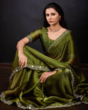 Mehendi green colour real mirror diamond work saree -Net Saree Green women's fashion mart