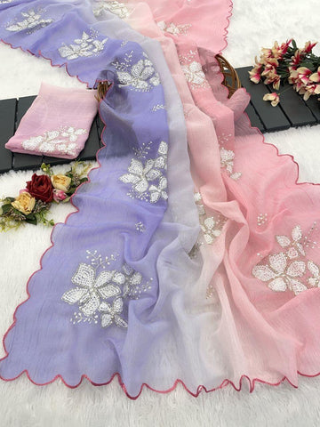 Awesome Embroidery Work Purple & Pink Multi Color Saree