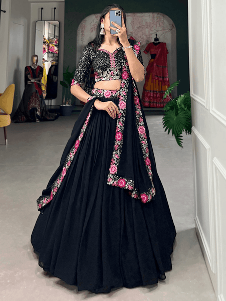 Elegant Black Lehenga Choli with Floral Embroidery -Lehenga Choli Semi Stitched women's fashion mart