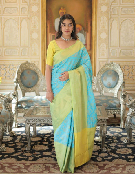 Elegant Dual-Tone Banarasi Silk Saree with Blouse -Saree Sky Blue / Unstitched women's fashion mart