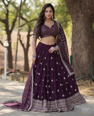 Elegant Plum Embroidered Lehenga Choli with Dupatta - women's fashion mart