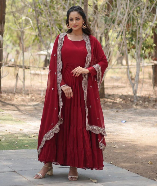 Elegant Red Anarkali Suit with Embellished Dupatta - women's fashion mart