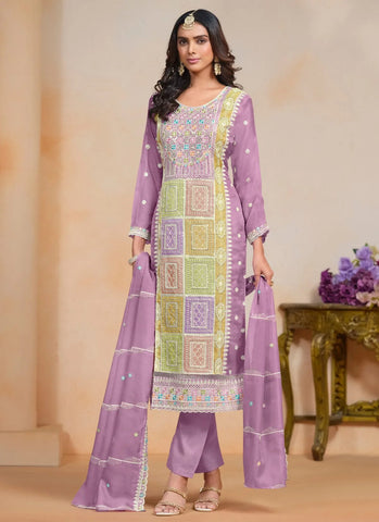 Magnificent lavender Embroidered Work Organza Salwar Kameez - women's fashion mart